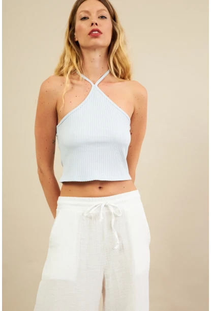 Kadın Mavi Boncuk Detaylı Sırtı Açık Bluz LPP1245-90