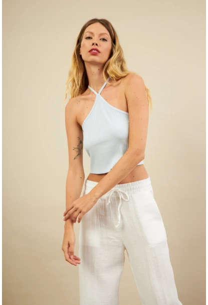 Kadın Mavi Boncuk Detaylı Sırtı Açık Bluz LPP1245-90