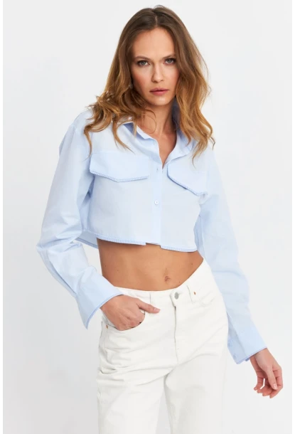 Kadın Mavi Cep Detaylı Crop Gömlek KED4205