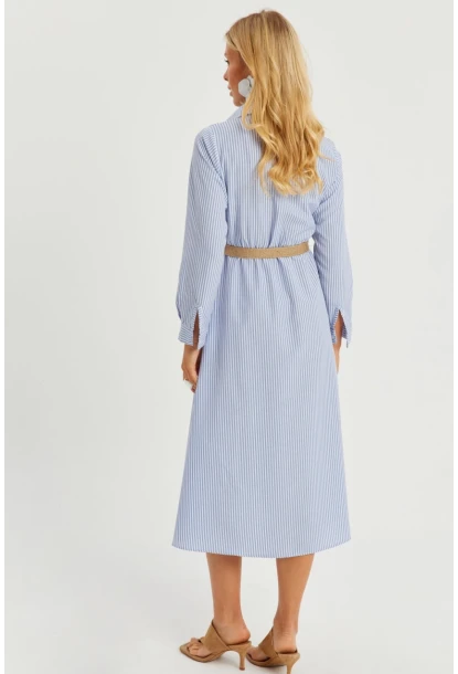 Kadın Mavi Çizgili Midi Gömlek Elbise PP5515