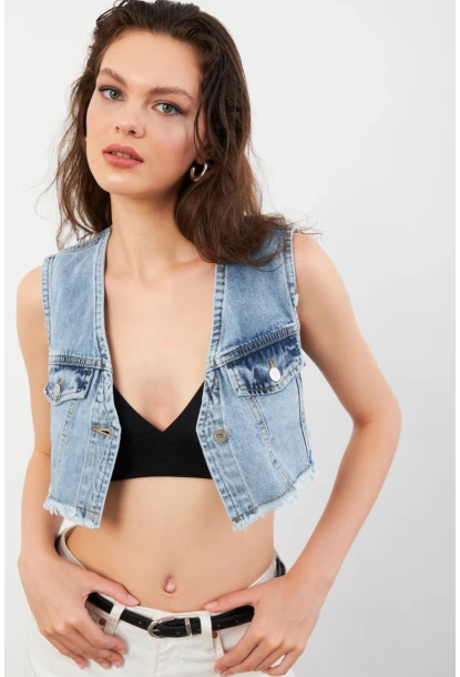 Kadın Mavi Denim Crop Yelek TUR1001