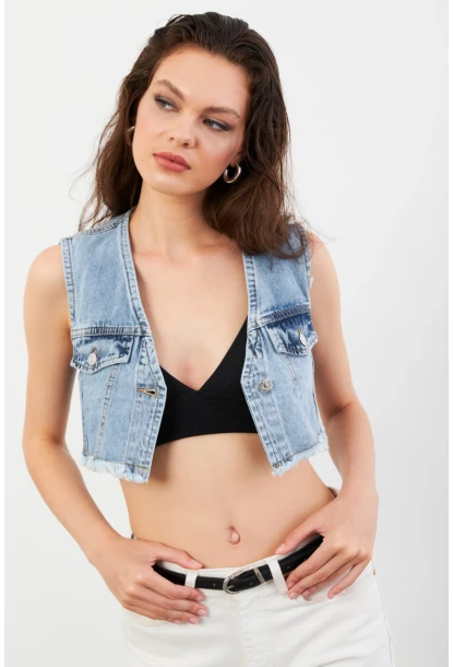 Kadın Mavi Denim Crop Yelek TUR1001