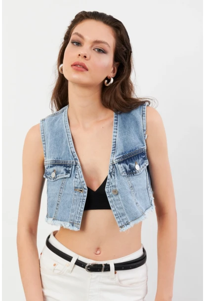 Kadın Mavi Denim Crop Yelek TUR1001