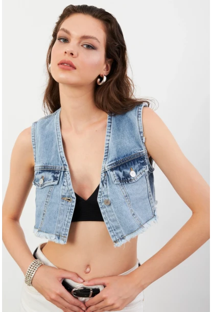 Kadın Mavi Denim Crop Yelek TUR1001