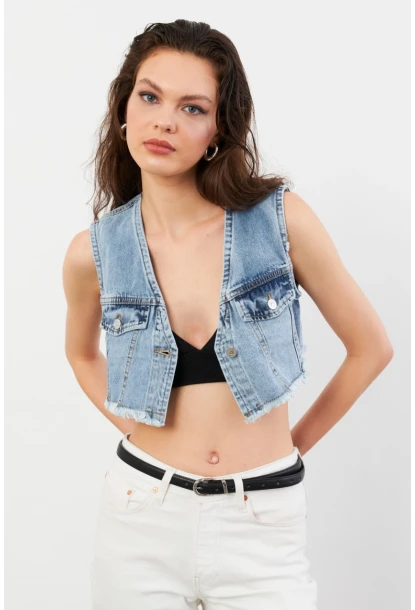 Kadın Mavi Denim Crop Yelek TUR1001