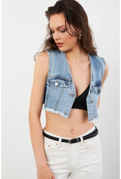 Kadın Mavi Denim Crop Yelek TUR1001