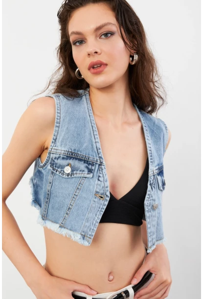 Kadın Mavi Denim Crop Yelek TUR1001