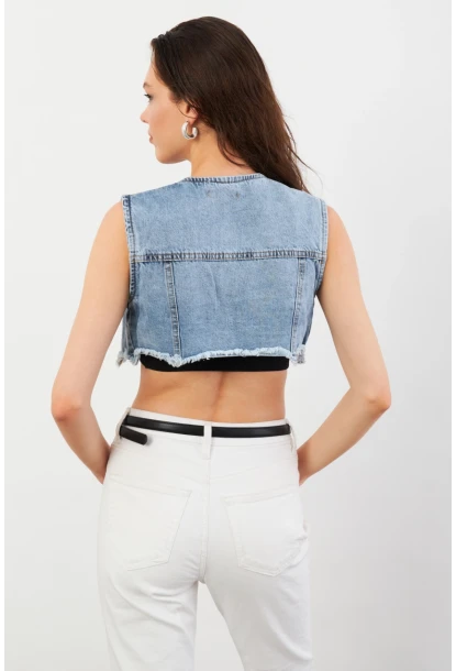 Kadın Mavi Denim Crop Yelek TUR1001