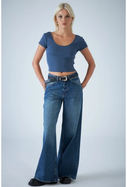 Kadın Mavi Yüksel Bel Palazzo Kesim Jean TSS827