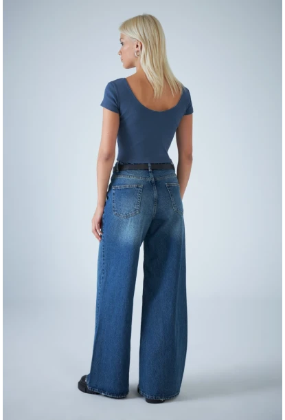 Kadın Mavi Yüksel Bel Palazzo Kesim Jean TSS827