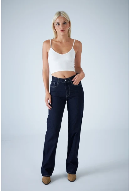 Kadın Mavi Yüksel Bel Düz Kesim Jean TSS488