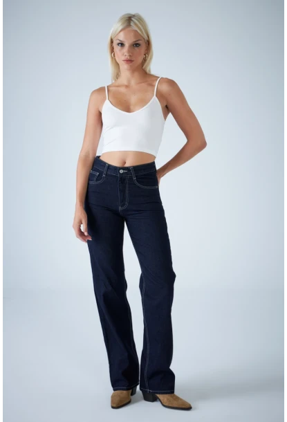 Kadın Mavi Yüksel Bel Düz Kesim Jean TSS488