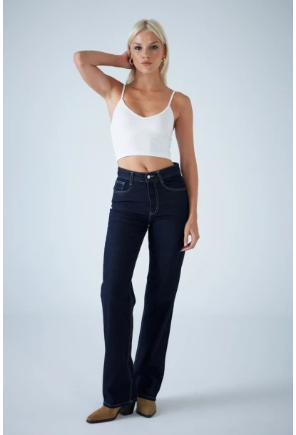 Kadın Mavi Yüksel Bel Düz Kesim Jean TSS488