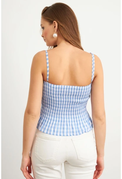 Kadın Mavi Ekose Lastikli Crop Bluz MTK13397