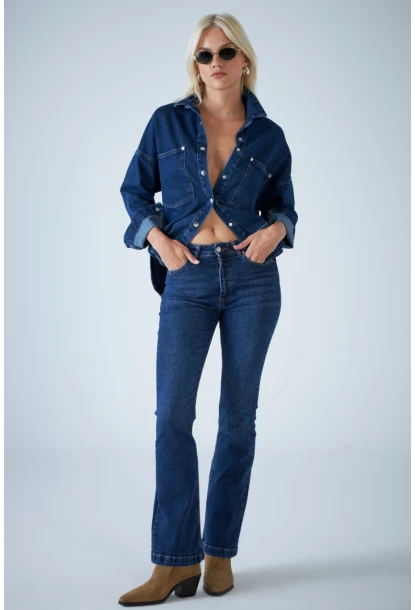 Kadın Mavi Orta Bel İspanyol Paça Jean TSS2023-1