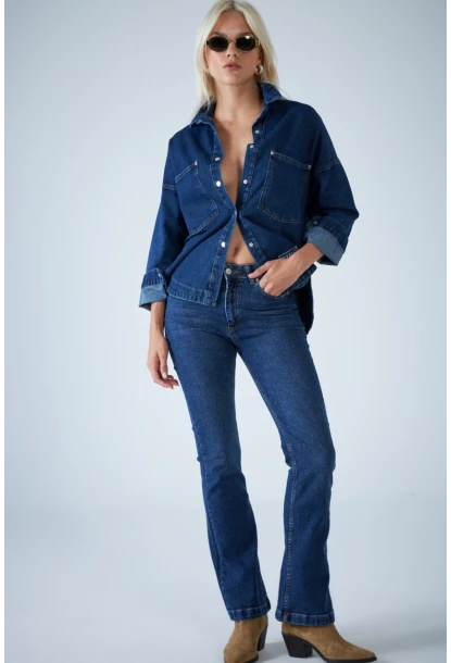 Kadın Mavi Orta Bel İspanyol Paça Jean TSS2023-1