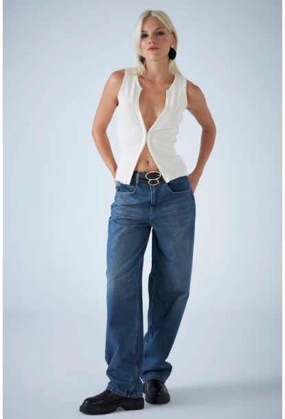 Kadın Mavi Yüksek Bel Baggy Jean TSS388