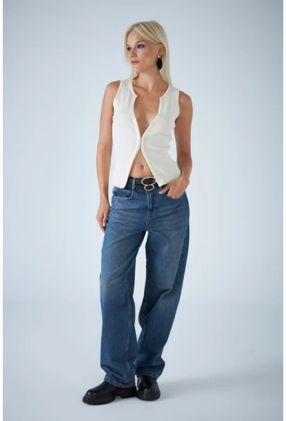 Kadın Mavi Yüksek Bel Baggy Jean TSS388