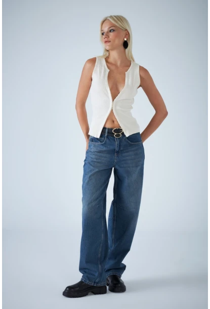 Kadın Mavi Yüksek Bel Baggy Jean TSS388