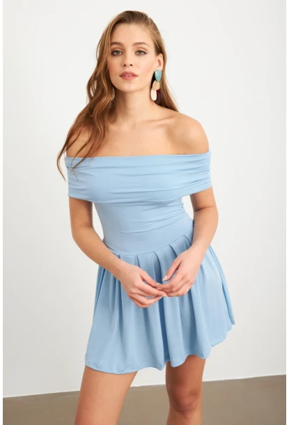 Kadın Mavi Madonna Yaka Midi Elbise MON1262-1