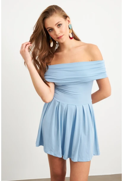 Kadın Mavi Madonna Yaka Midi Elbise MON1262-1