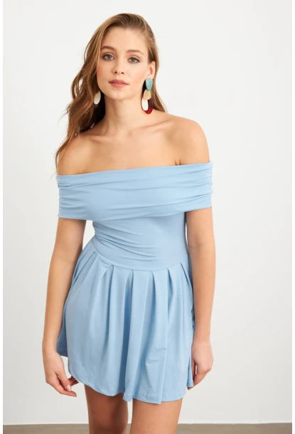 Kadın Mavi Madonna Yaka Midi Elbise MON1262-1