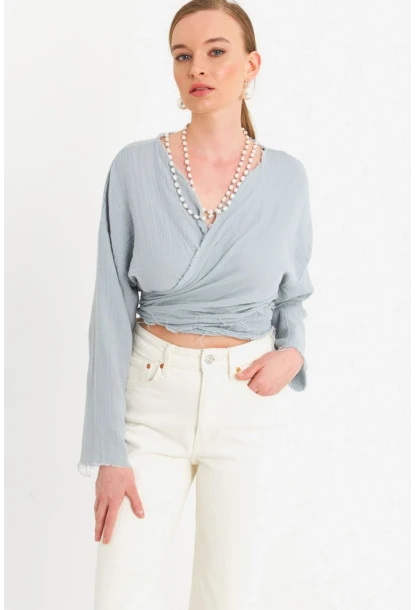 Kadın Mavi Müslin Crop Bluz PC20700