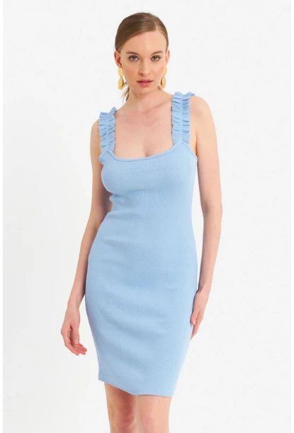 Kadın Mavi Omuz Bantlı Kaşkorse Mini Elbise URO203