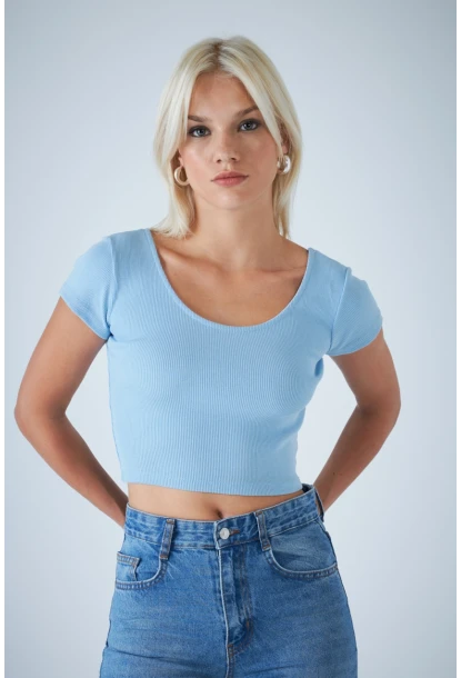 Kadın Mavi Ön Arka U Bluz EV57