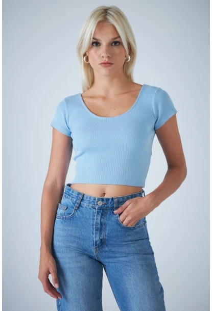 Kadın Mavi Ön Arka U Bluz EV57