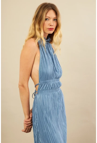 Kadın Mavi Sırtı Açık Piliseli Maxi Elbise YEL221664