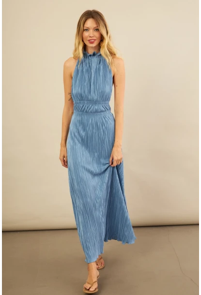 Kadın Mavi Sırtı Açık Piliseli Maxi Elbise YEL221664