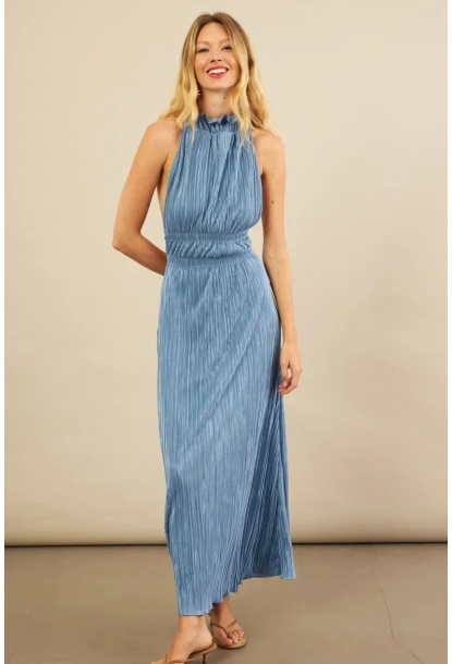 Kadın Mavi Sırtı Açık Piliseli Maxi Elbise YEL221664