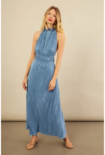 Kadın Mavi Sırtı Açık Piliseli Maxi Elbise YEL221664