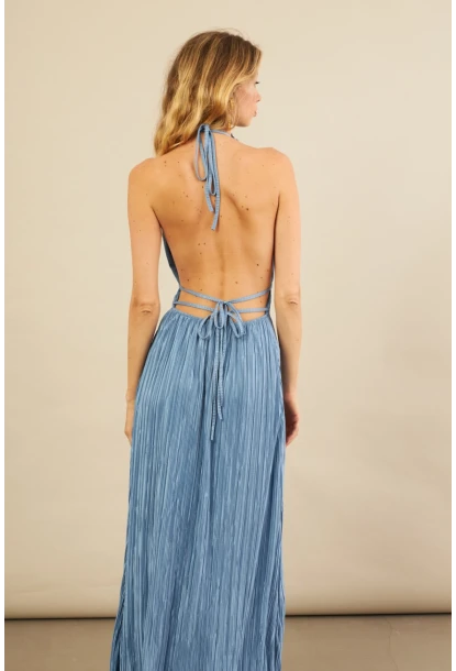 Kadın Mavi Sırtı Açık Piliseli Maxi Elbise YEL221664