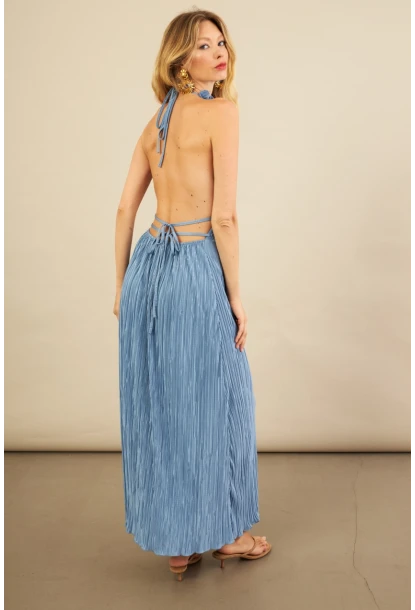 Kadın Mavi Sırtı Açık Piliseli Maxi Elbise YEL221664