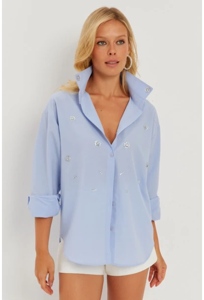 Kadın Mavi Taşlı Gömlek SF2550