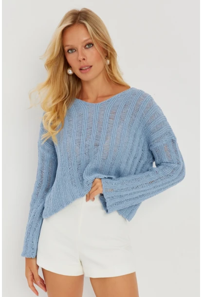 Kadın Mavi V Yaka Ajurlu Triko Bluz YV233-90
