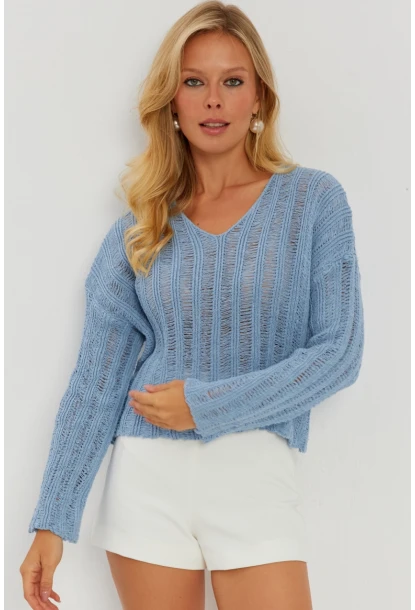 Kadın Mavi V Yaka Ajurlu Triko Bluz YV233-90