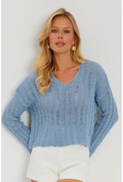 Kadın Mavi V Yaka Ajurlu Triko Bluz YV233-90