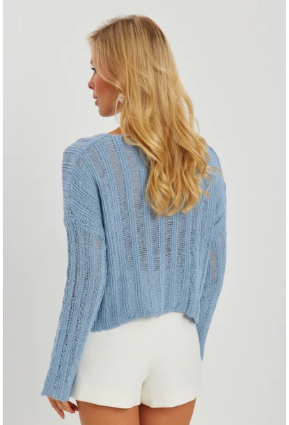 Kadın Mavi V Yaka Ajurlu Triko Bluz YV233-90