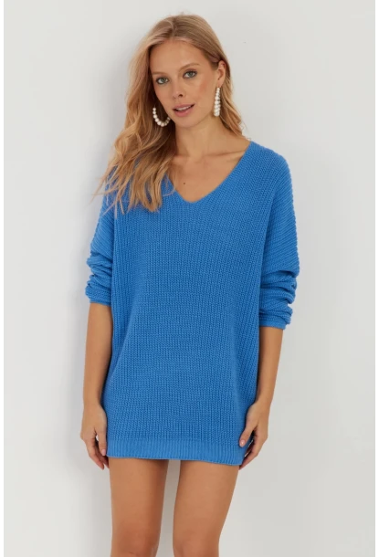 Kadın Mavi V Yaka Salaş Triko Bluz SMT158