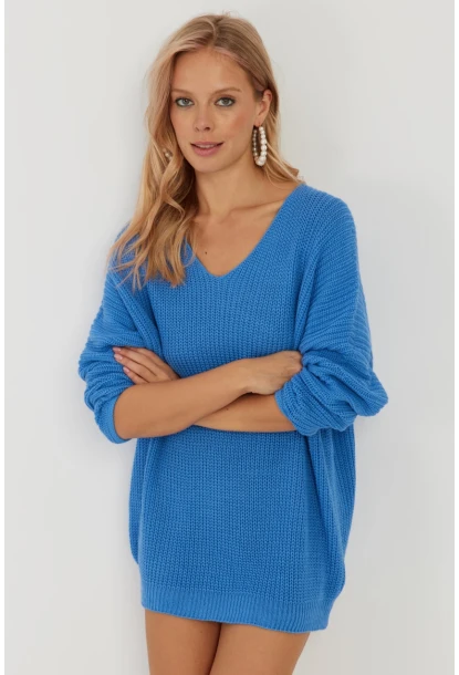 Kadın Mavi V Yaka Salaş Triko Bluz SMT158