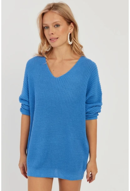 Kadın Mavi V Yaka Salaş Triko Bluz SMT158