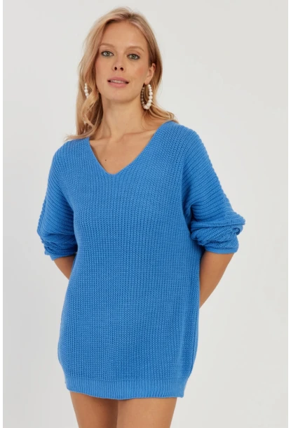 Kadın Mavi V Yaka Salaş Triko Bluz SMT158