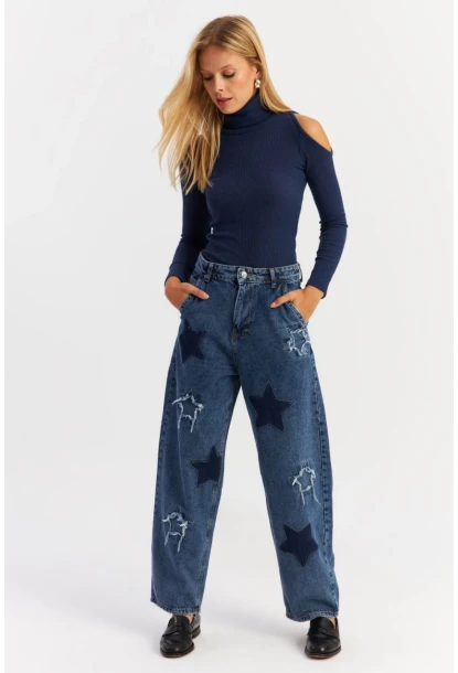 Kadın Mavi Yamalı Jean Pantolon AUR1