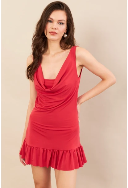 Kadın Mercan Degaje Yaka Mini Elbise COL0078