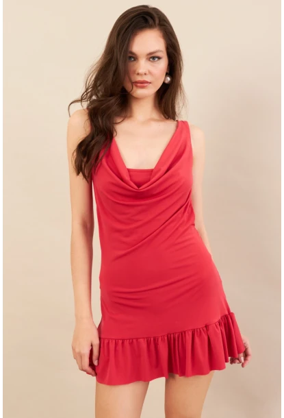 Kadın Mercan Degaje Yaka Mini Elbise COL0078