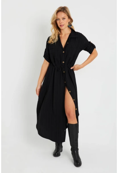 Kadın Midi Gömlek Elbise Siyah Q984