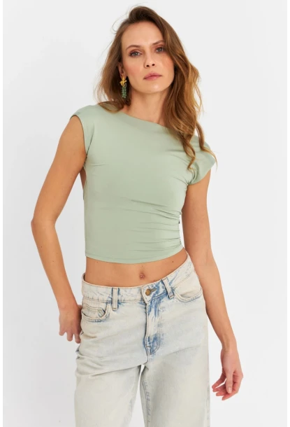 Kadın Mint Sırtı Açık Crop Bluz ZH083